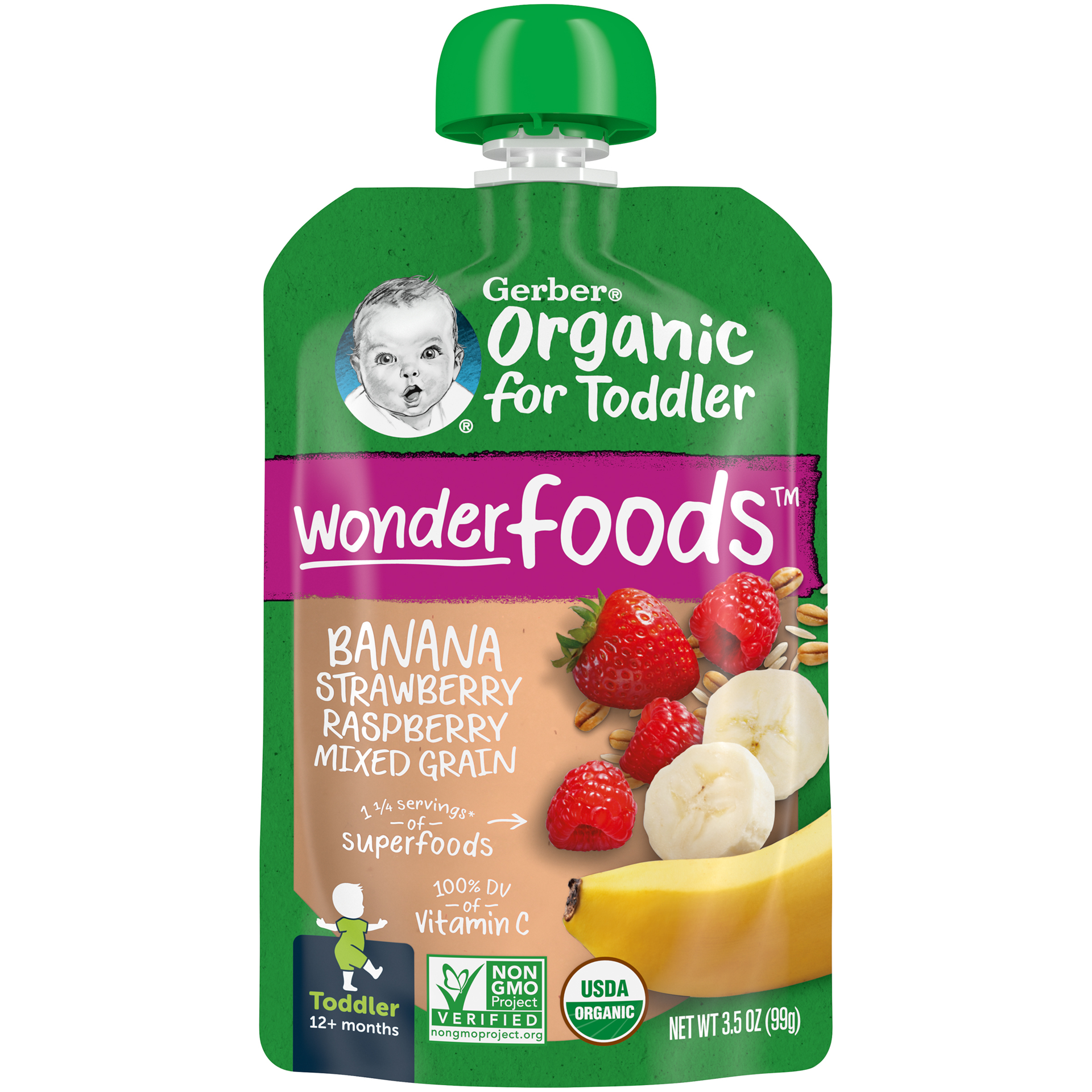 slide 1 of 5, Gerber Organic for Toddler Wonder Foods, Banana Strawberry Raspberry Mixed Grain, 3.5 oz Pouch, 3.5 oz