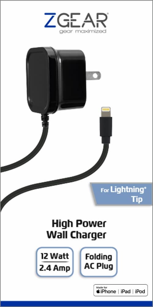slide 1 of 1, Zgear Lightning Cable High Power Wall Charger - Black, 5 ft