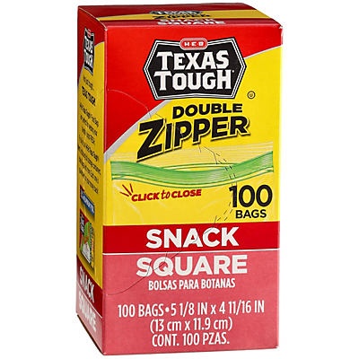 slide 1 of 1, H-E-B Texas Tough Double Zipper Square Snack Bags, 100 ct