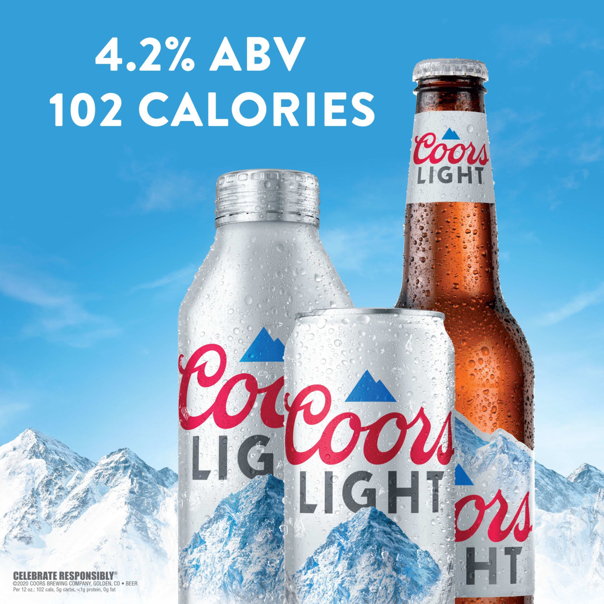 slide 5 of 5, Coors Crisp, clean and refreshing, Coors Light is an American-style light lager beer. This light beer has 4.2% ABV, 102 calories and 5 grams of carbs per 12-ounce serving., 288 oz