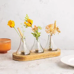 3 Glass Bud Vases On A Wooden Tray