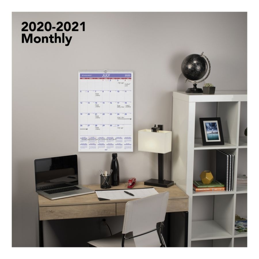 slide 2 of 4, At-A-Glance Academic Monthly Wall Calendar, 15-1/2'' X 22-3/4'', Blue/Red/White, July 2020 To June 2021, Ay328, 1 ct