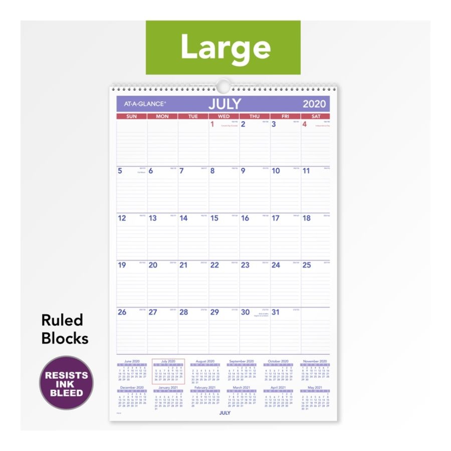 slide 3 of 4, At-A-Glance Academic Monthly Wall Calendar, 15-1/2'' X 22-3/4'', Blue/Red/White, July 2020 To June 2021, Ay328, 1 ct