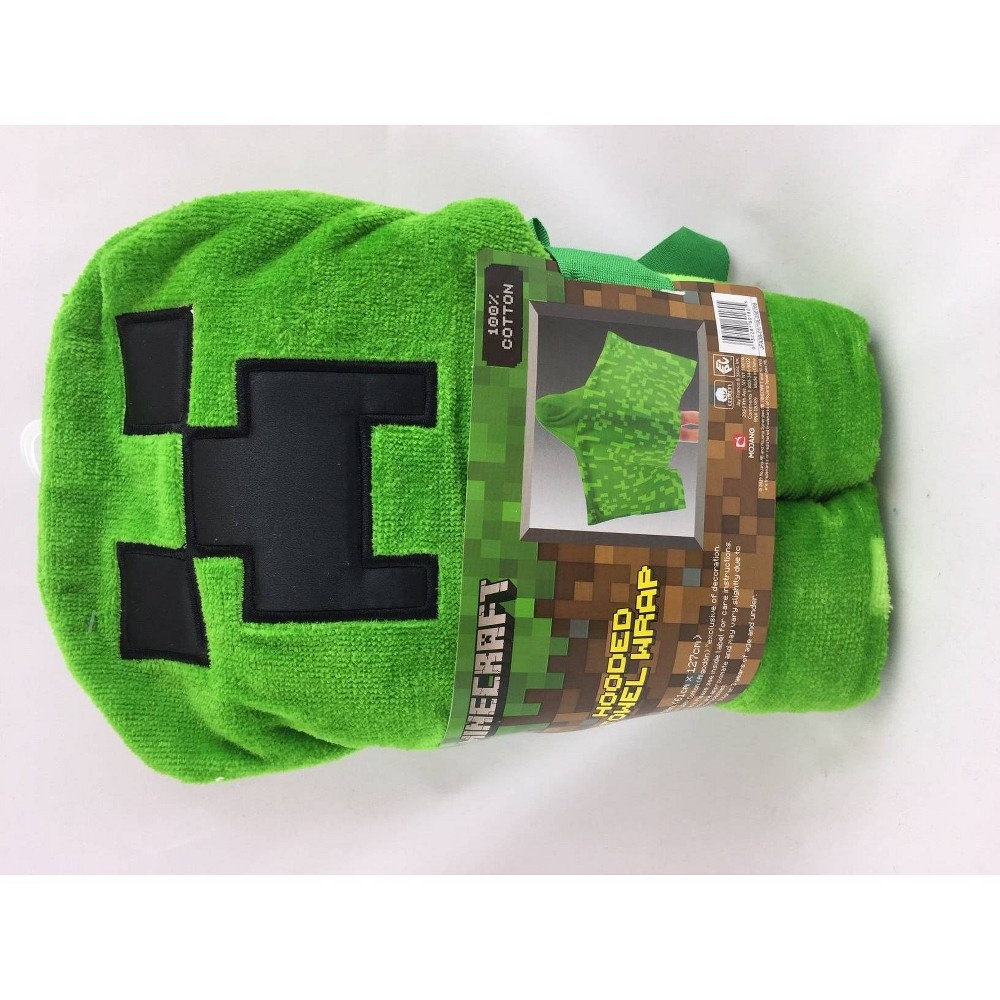 slide 3 of 3, Minecraft Creeper Hooded Bath Towel Green, 1 ct