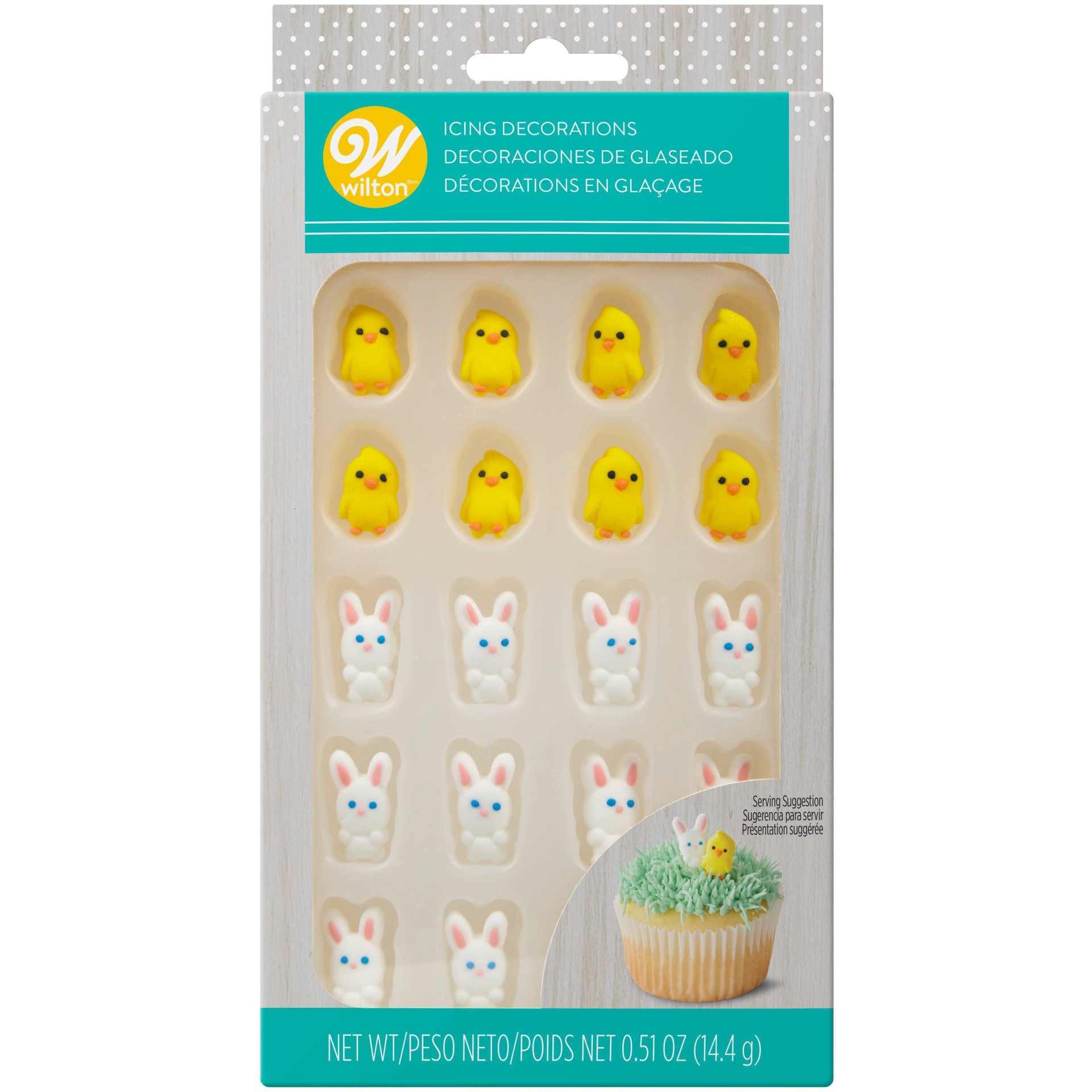 slide 1 of 4, Wilton Easter Chicks and Bunnies Icing Decorations, 20 ct