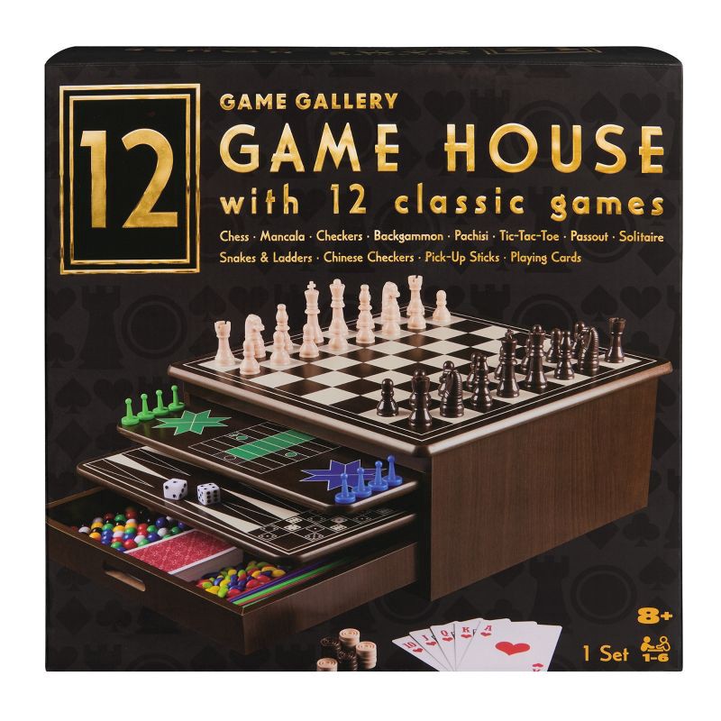 slide 1 of 11, Game Gallery 12 Classic Games in Wooden Storage House, Styles May Vary, 1 ct