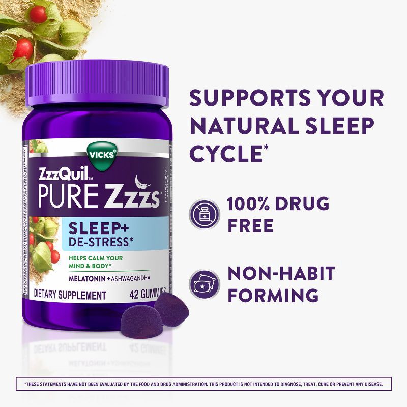 slide 2 of 6, ZzzQuil Pure Zzzs De-Stress & Sleep Melatonin + Ashwagandha Gummies - Blackberry Vanilla - 42ct, 42 ct