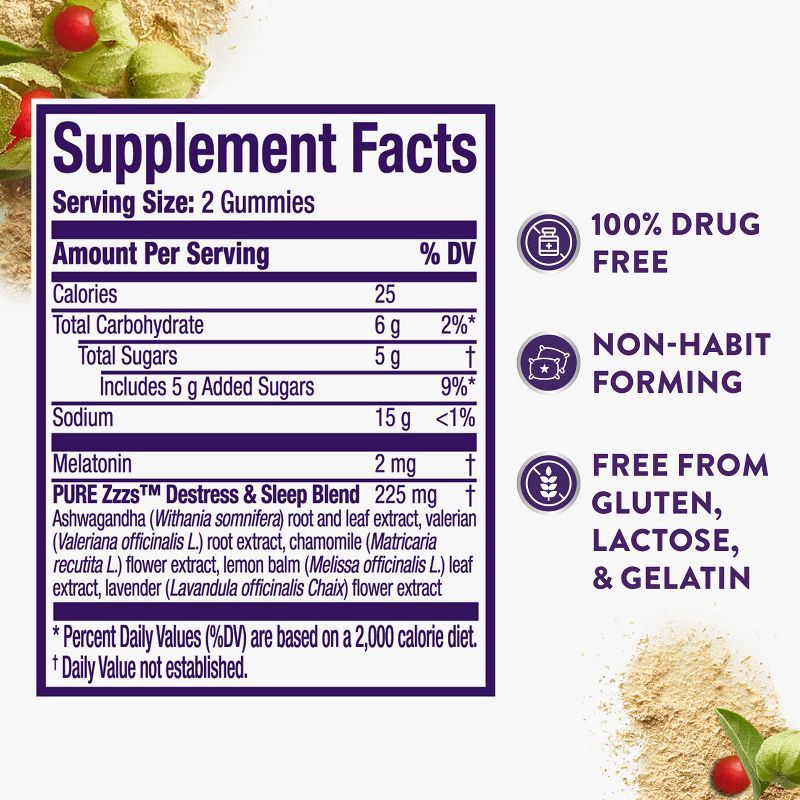 slide 5 of 6, ZzzQuil Pure Zzzs De-Stress & Sleep Melatonin + Ashwagandha Gummies - Blackberry Vanilla - 42ct, 42 ct