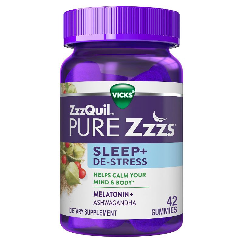 slide 1 of 6, ZzzQuil Pure Zzzs De-Stress & Sleep Melatonin + Ashwagandha Gummies - Blackberry Vanilla - 42ct, 42 ct