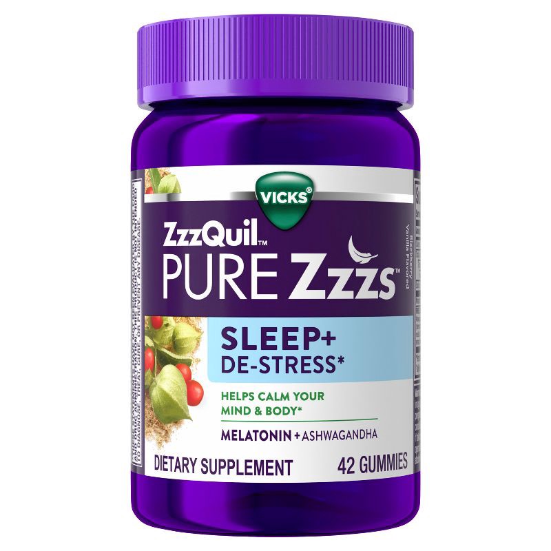 slide 1 of 6, ZzzQuil Pure Zzzs De-Stress & Sleep Melatonin + Ashwagandha Gummies - Blackberry Vanilla - 42ct, 42 ct