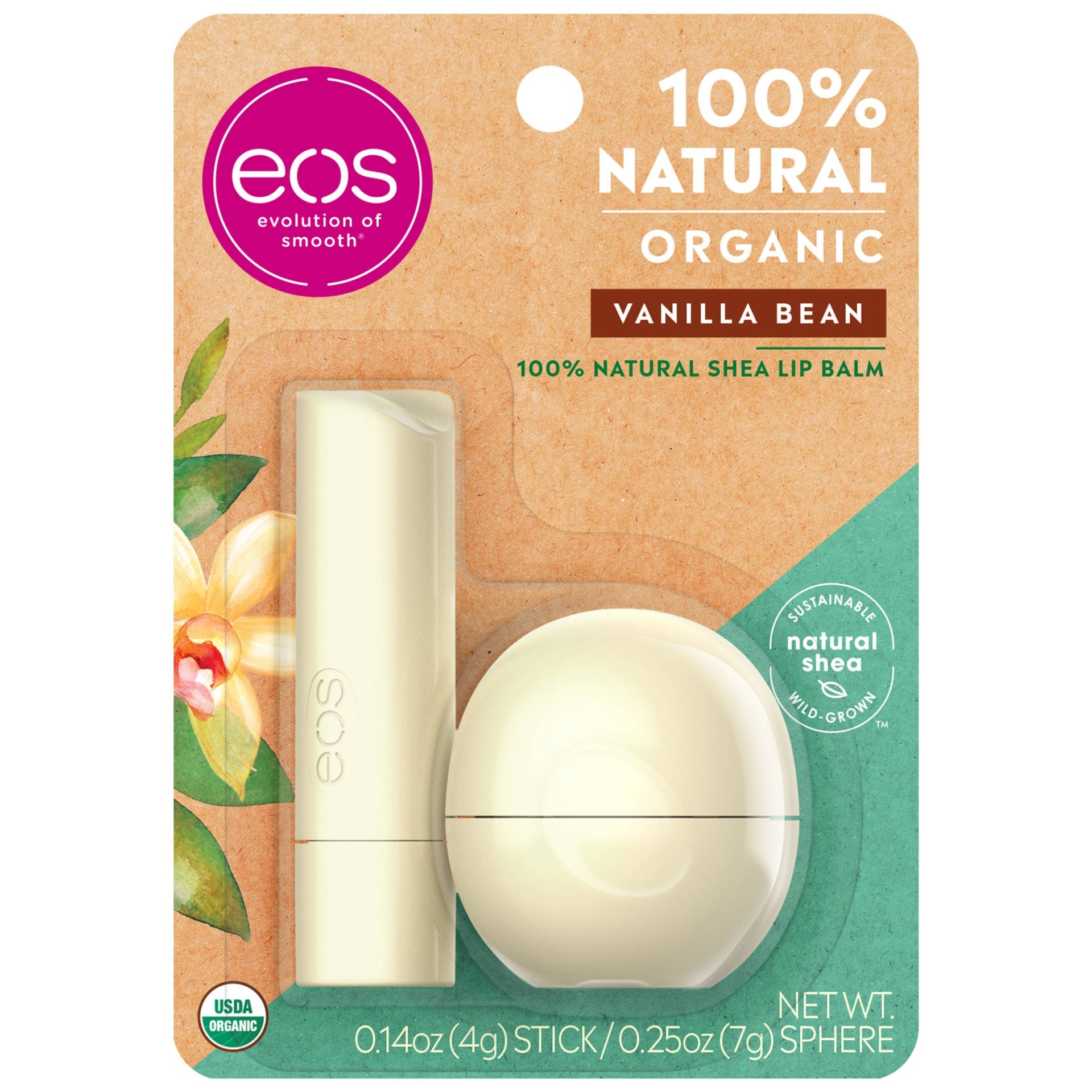 slide 1 of 5, eos Natural & Organic Lip Balm Stick & Sphere - Vanilla Bean, 2 ct; 0.39 oz