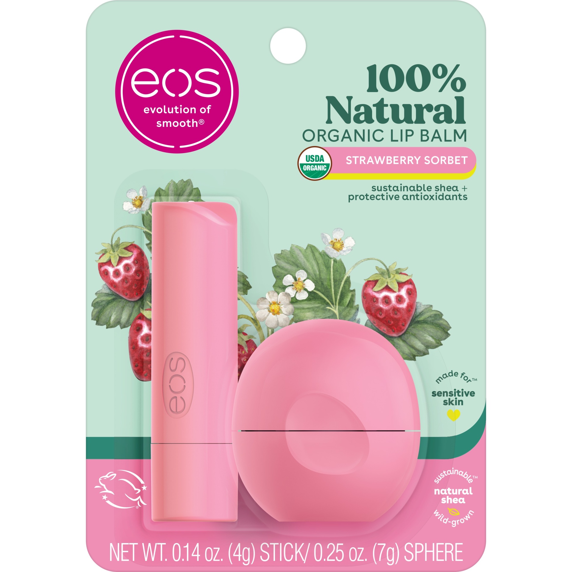 slide 1 of 6, eos 100% Natural & Organic Lip Balm Stick & Sphere - Strawberry Sorbet - 2pk/0.39oz, 2 ct; 0.39 oz