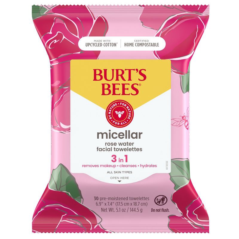 slide 5 of 17, Burt's Bees Facial Cleansing Towelettes Micellar Rose Makeup Removing - Unscented - 30ct, 30 ct