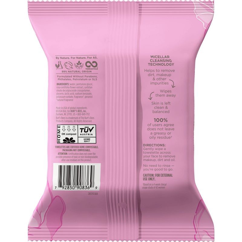 slide 2 of 9, Burt's Bees Facial Cleansing Towelettes Micellar Makeup Remover Wipes - Rose - 30ct, 30 ct