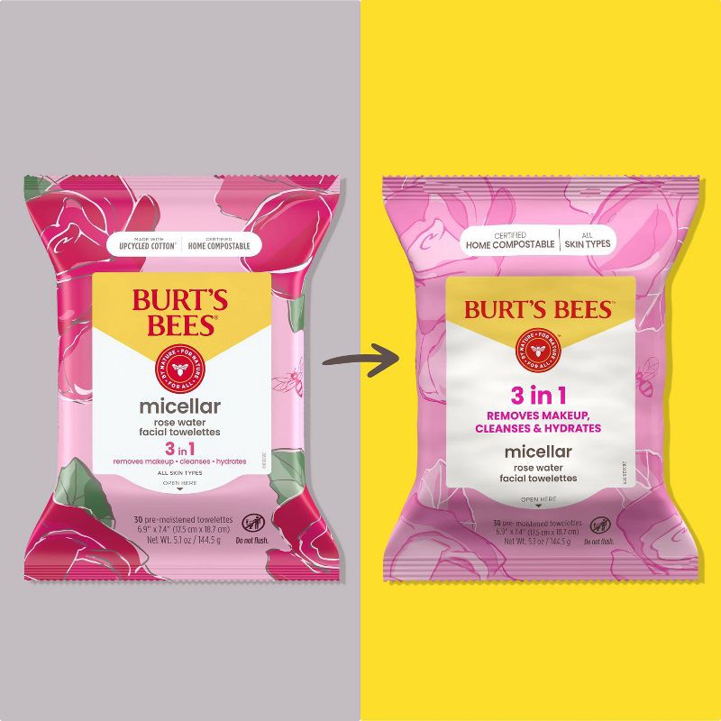 slide 3 of 9, Burt's Bees Facial Cleansing Towelettes Micellar Makeup Remover Wipes - Rose - 30ct, 30 ct