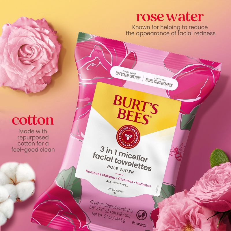 slide 5 of 17, Burt's Bees Facial Cleansing Towelettes Micellar Rose Makeup Removing - Unscented - 30ct, 30 ct