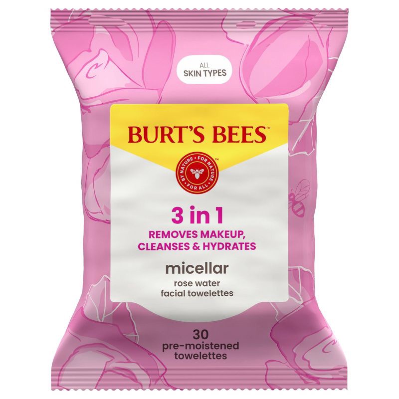 slide 1 of 9, Burt's Bees Facial Cleansing Towelettes Micellar Makeup Remover Wipes - Rose - 30ct, 30 ct