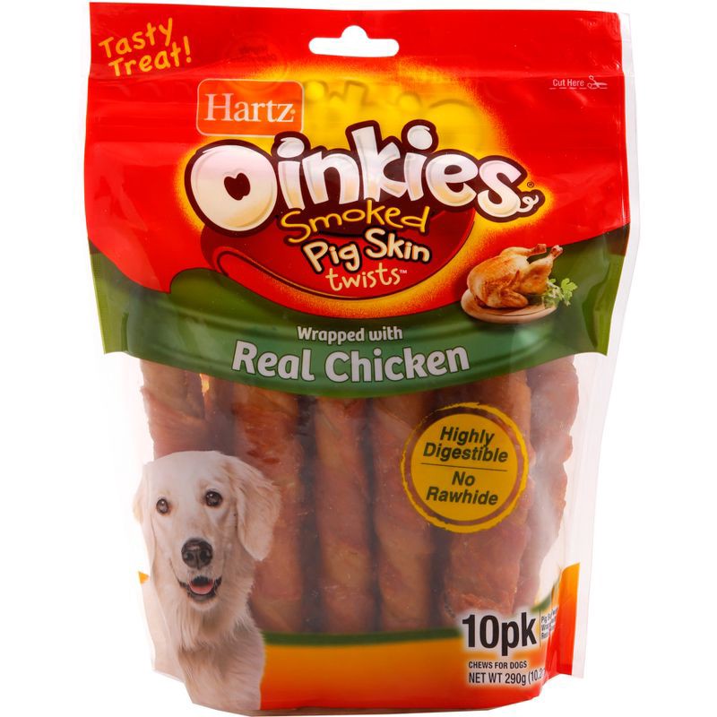 slide 1 of 4, Hartz Oinkies Smoked Pork Skin Twists Wrapped with Real Chicken Dog Treats - 10ct, 10 ct
