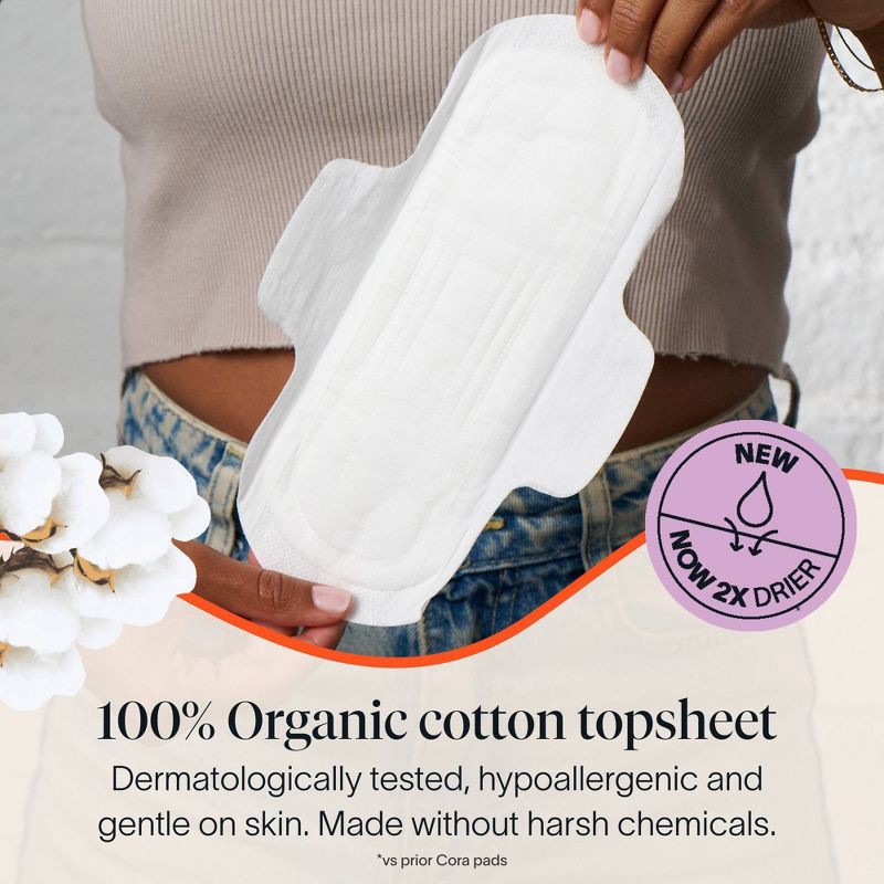 slide 2 of 8, Cora Organic Cotton Ultra Thin Regular Fragrance Free Pads with Wings for Periods - Regular Absorbency - 32ct, 32 ct