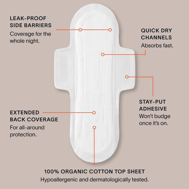 slide 8 of 9, Cora Organic Cotton Ultra Thin Overnight Fragrance Free Pads with Wings for Periods - Overnight Absorbency - 28ct, 28 ct