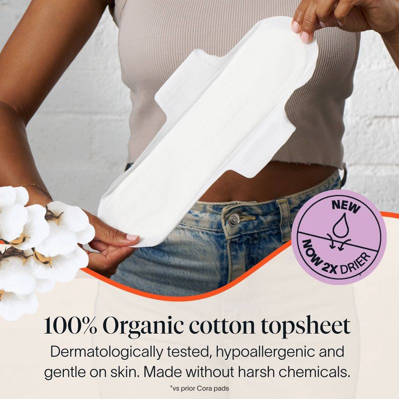 slide 4 of 9, Cora Organic Cotton Ultra Thin Overnight Fragrance Free Pads with Wings for Periods - Overnight Absorbency - 28ct, 28 ct
