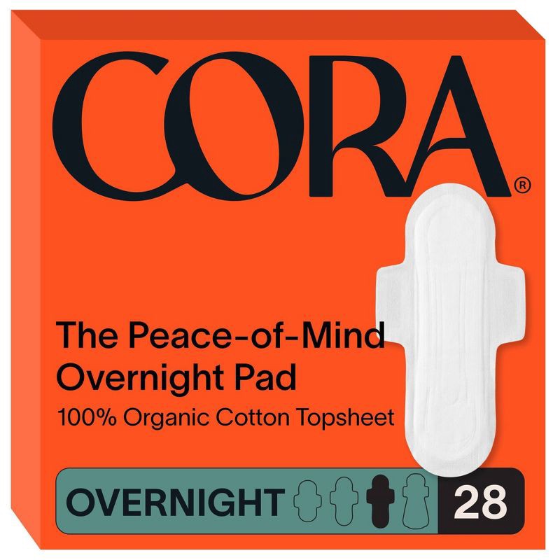 slide 1 of 9, Cora Organic Cotton Ultra Thin Overnight Fragrance Free Pads with Wings for Periods - Overnight Absorbency - 28ct, 28 ct