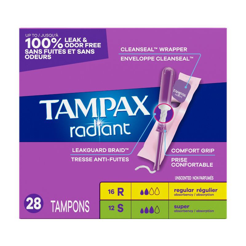 slide 14 of 15, Tampax Radiant Duopack Regular/Super Absorbency Unscented Plastic Tampons - 28ct, 28 ct