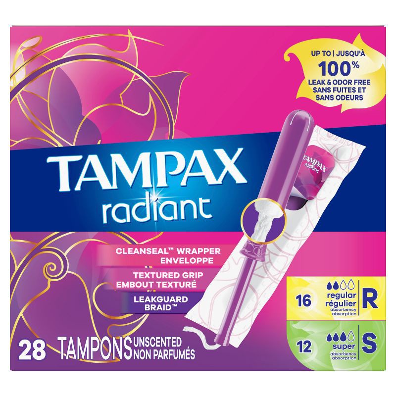 slide 9 of 9, Tampax Radiant Duopack Regular/Super Absorbency Unscented Plastic Tampons - 28ct, 28 ct