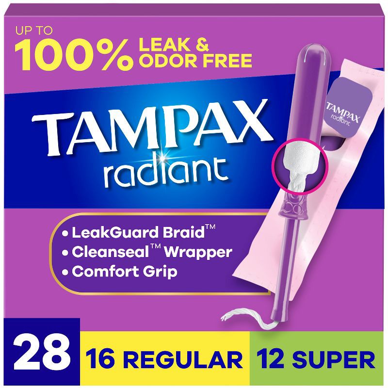 slide 1 of 15, Tampax Radiant Duopack Regular/Super Absorbency Unscented Plastic Tampons - 28ct, 28 ct