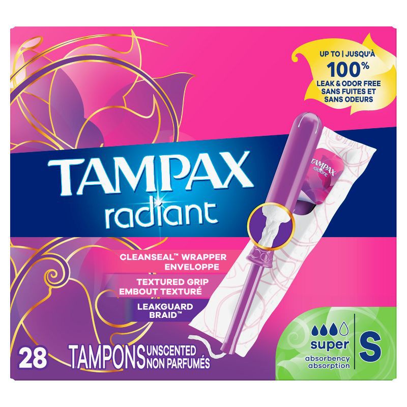 slide 9 of 10, Tampax Radiant Super Absorbency Tampons - Unscented - 28ct, 28 ct