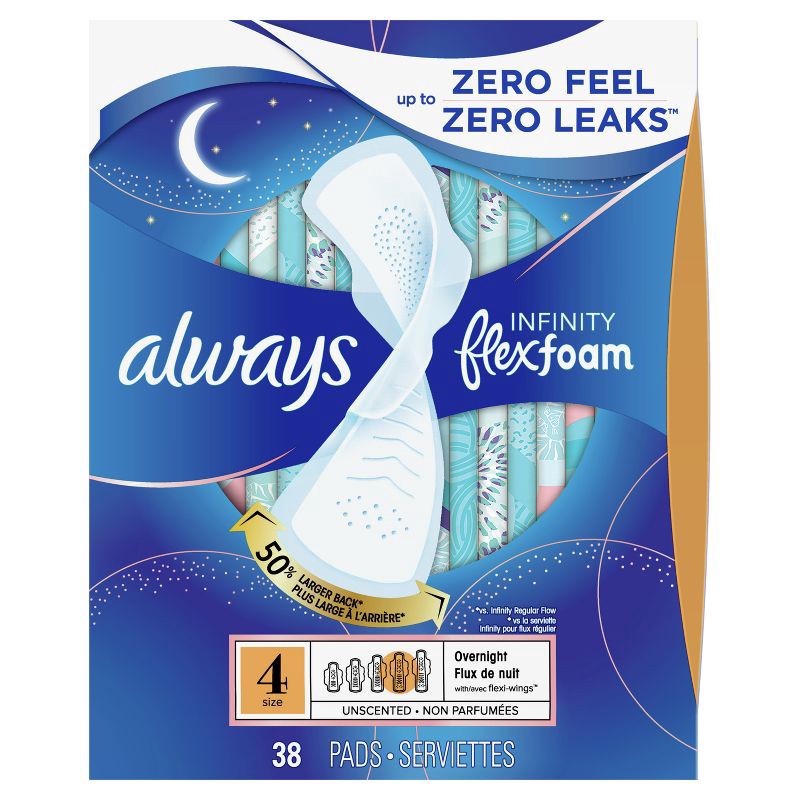 slide 15 of 15, Always Infinity Overnight FlexFoam Sanitary Pads with Wings - Unscented - Size 4 - 38ct, 4 x 38 ct