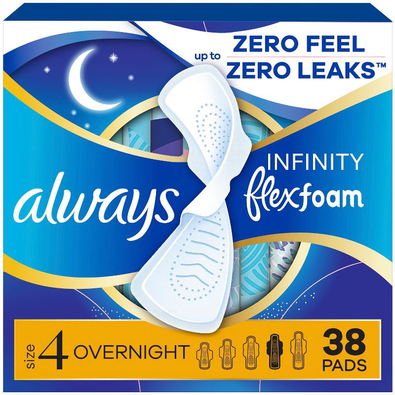 slide 1 of 15, Always Infinity Overnight FlexFoam Sanitary Pads with Wings - Unscented - Size 4 - 38ct, 4 x 38 ct