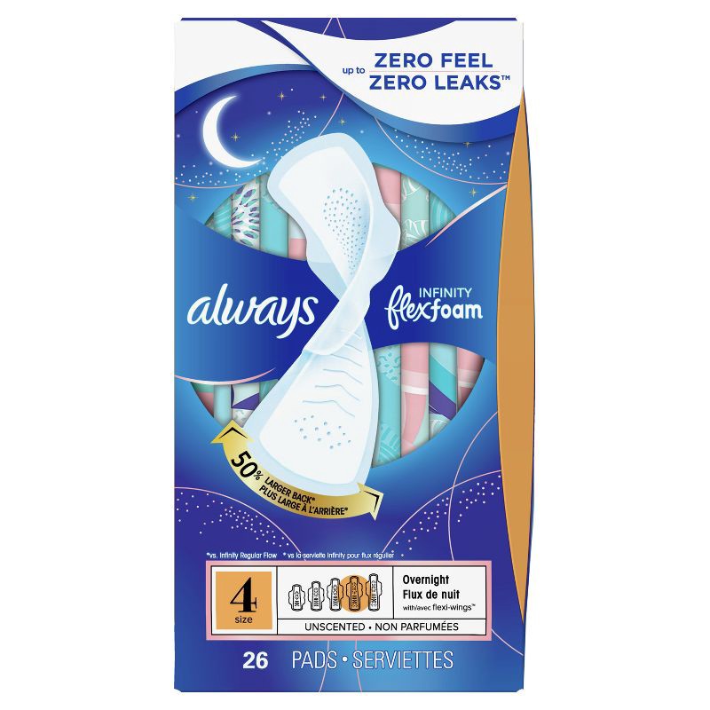 slide 8 of 8, Always Infinity Overnight Sanitary Pads with Wings - Unscented - Size 4 - 26ct, 26 ct