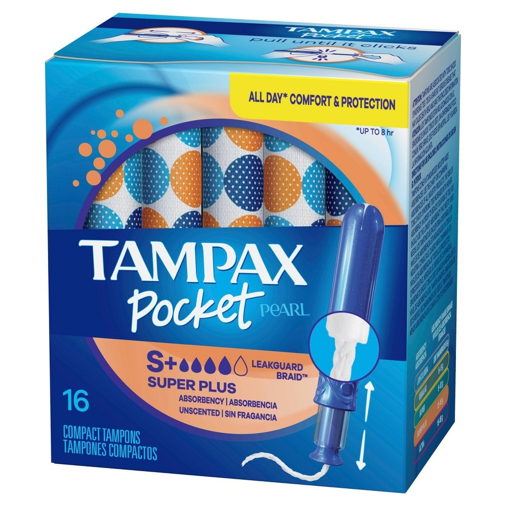 slide 2 of 8, Tampax Pocket Pearl Super Plus Absorbency with LeakGuard Braid & Unscented Plastic Tampons, 16 ct