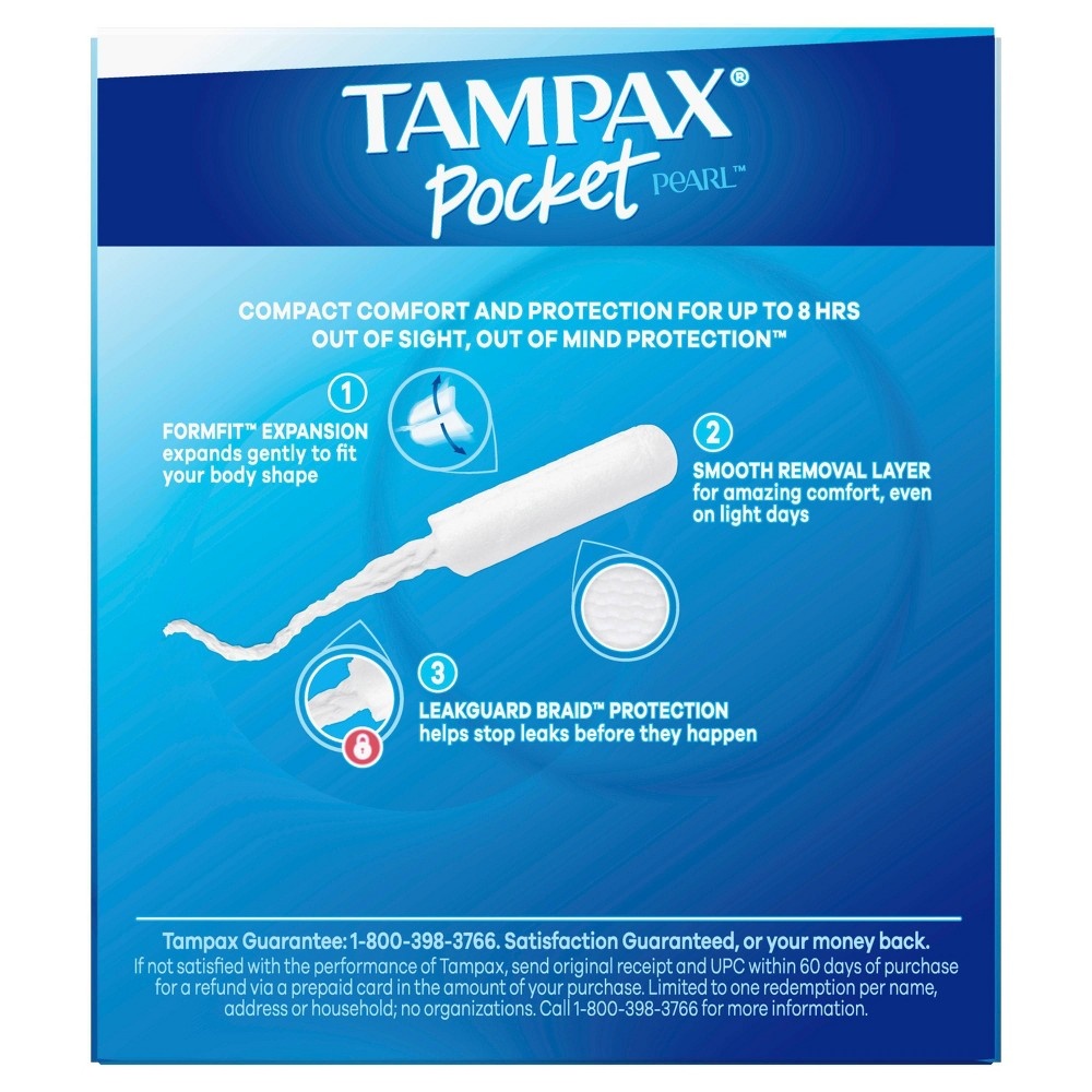 slide 7 of 8, Tampax Pocket Pearl Super Plus Absorbency with LeakGuard Braid & Unscented Plastic Tampons, 16 ct