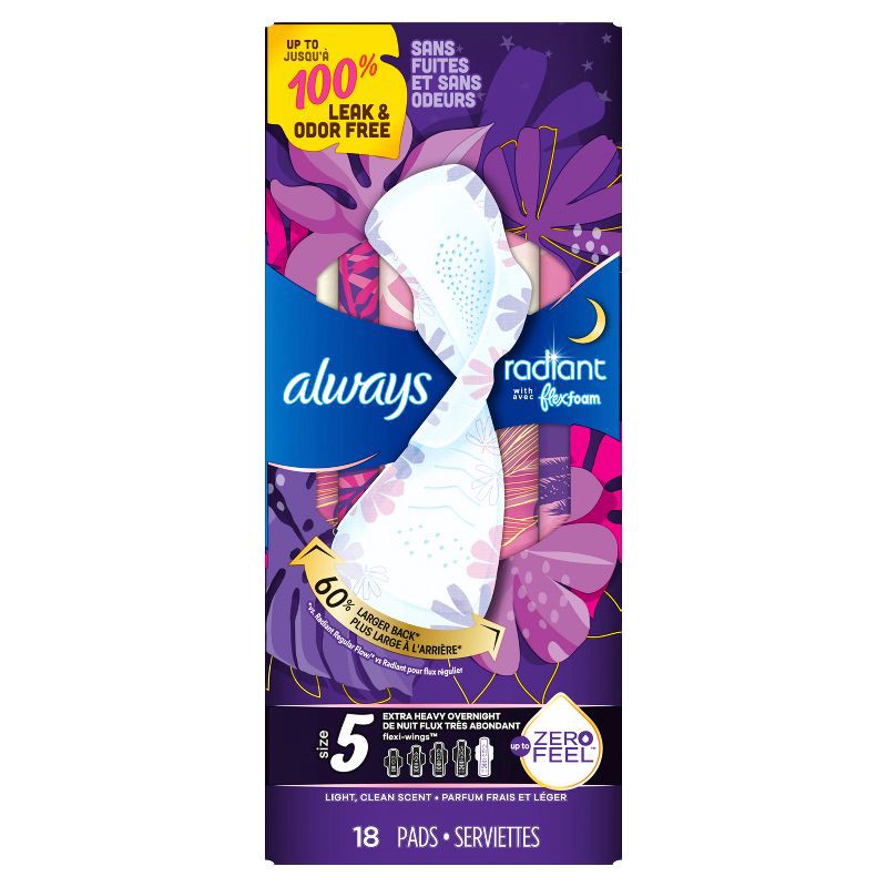 slide 2 of 8, Always Radiant Overnight Feminine Pads for Women Extra Heavy Nighttime with Wings- Scented - Size 5 - 18ct, 18 ct