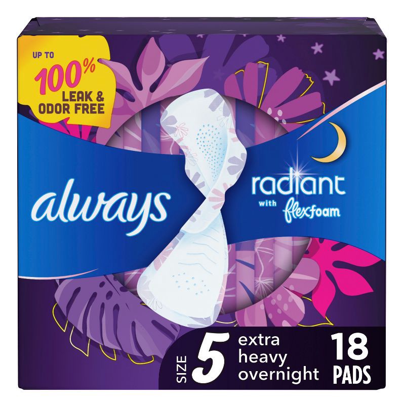 slide 1 of 8, Always Radiant Overnight Feminine Pads for Women Extra Heavy Nighttime with Wings- Scented - Size 5 - 18ct, 18 ct