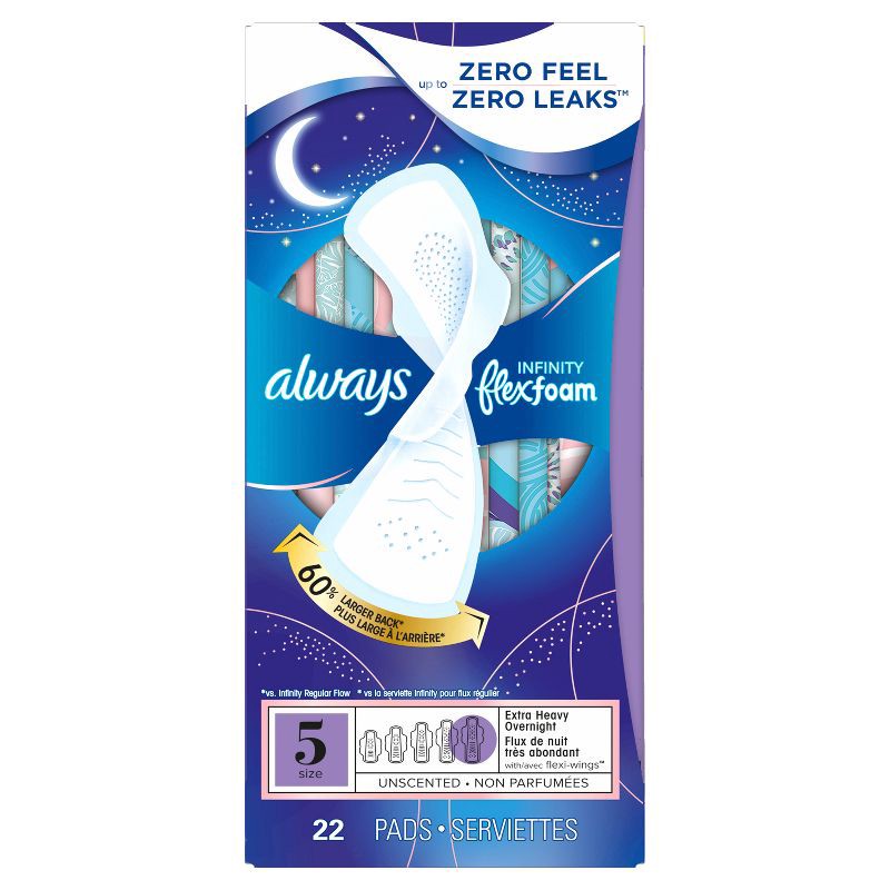 slide 14 of 15, Always Infinity Extra Heavy Absorbency Overnight FlexFoam Sanitary Pads with Wings - Unscented - Size 5 - 22ct, 5 x 22 ct