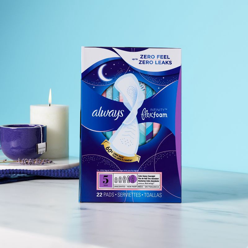 slide 7 of 9, Always Infinity Extra Heavy Absorbency Overnight FlexFoam Sanitary Pads with Wings - Unscented - Size 5 - 22ct, 22 ct