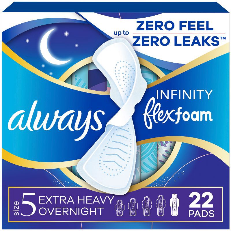 slide 1 of 14, Always Infinity Extra Heavy Absorbency Overnight FlexFoam Sanitary Pads with Wings - Unscented - Size 5 - 22ct, 5 x 22 ct