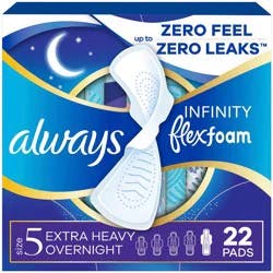 Always Infinity Extra Heavy Absorbency Overnight FlexFoam Sanitary Pads with Wings - Unscented - Size 5 - 22ct