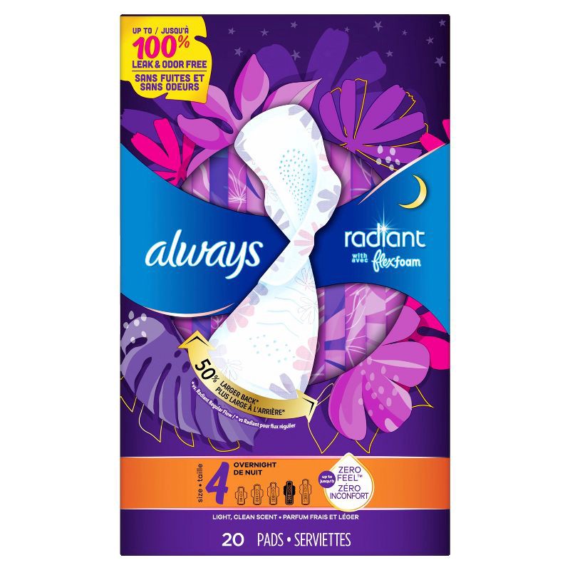 slide 11 of 12, Always Radiant Overnight Sanitary Pads with Wings - Scented - Size 4 - 20ct, 4 x 20 ct