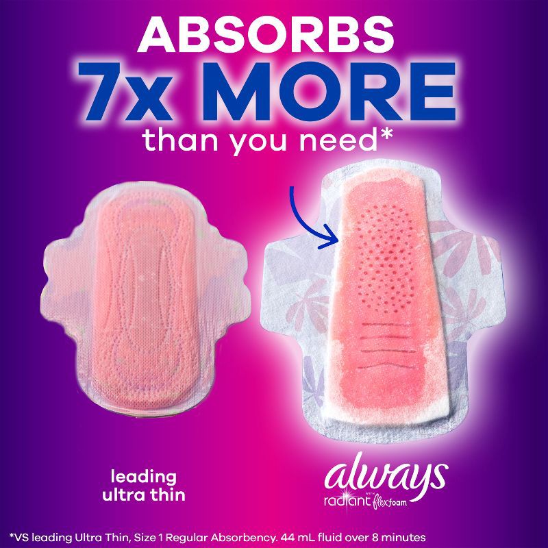 slide 7 of 12, Always Radiant Overnight Sanitary Pads with Wings - Scented - Size 4 - 20ct, 4 x 20 ct