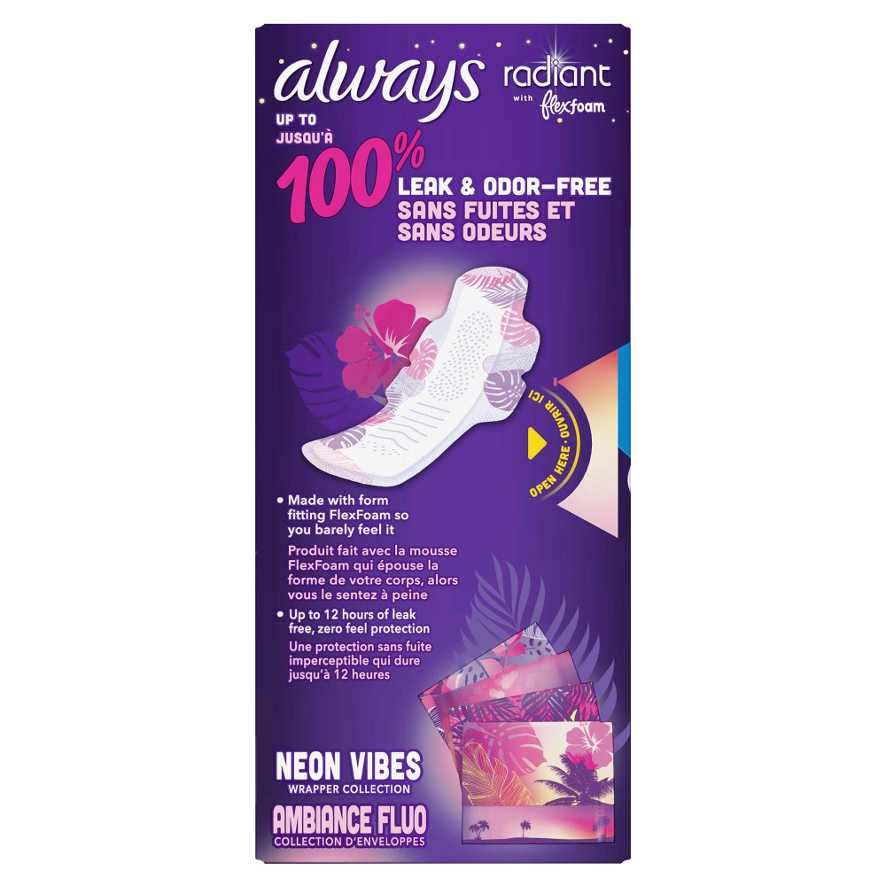 slide 7 of 7, Always Radiant Flexfoam Overnight Absorbency Pads with Wings - Scented - Size 4 - 20ct, 4 x 20 ct