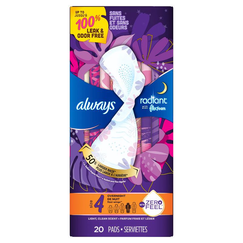 slide 8 of 8, Always Radiant Overnight Sanitary Pads with Wings - Scented - Size 4 - 20ct, 20 ct