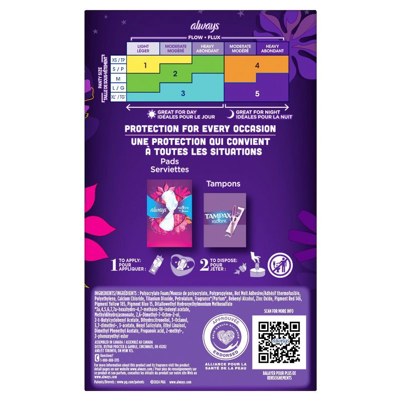 slide 12 of 12, Always Radiant Overnight Sanitary Pads with Wings - Scented - Size 4 - 20ct, 4 x 20 ct