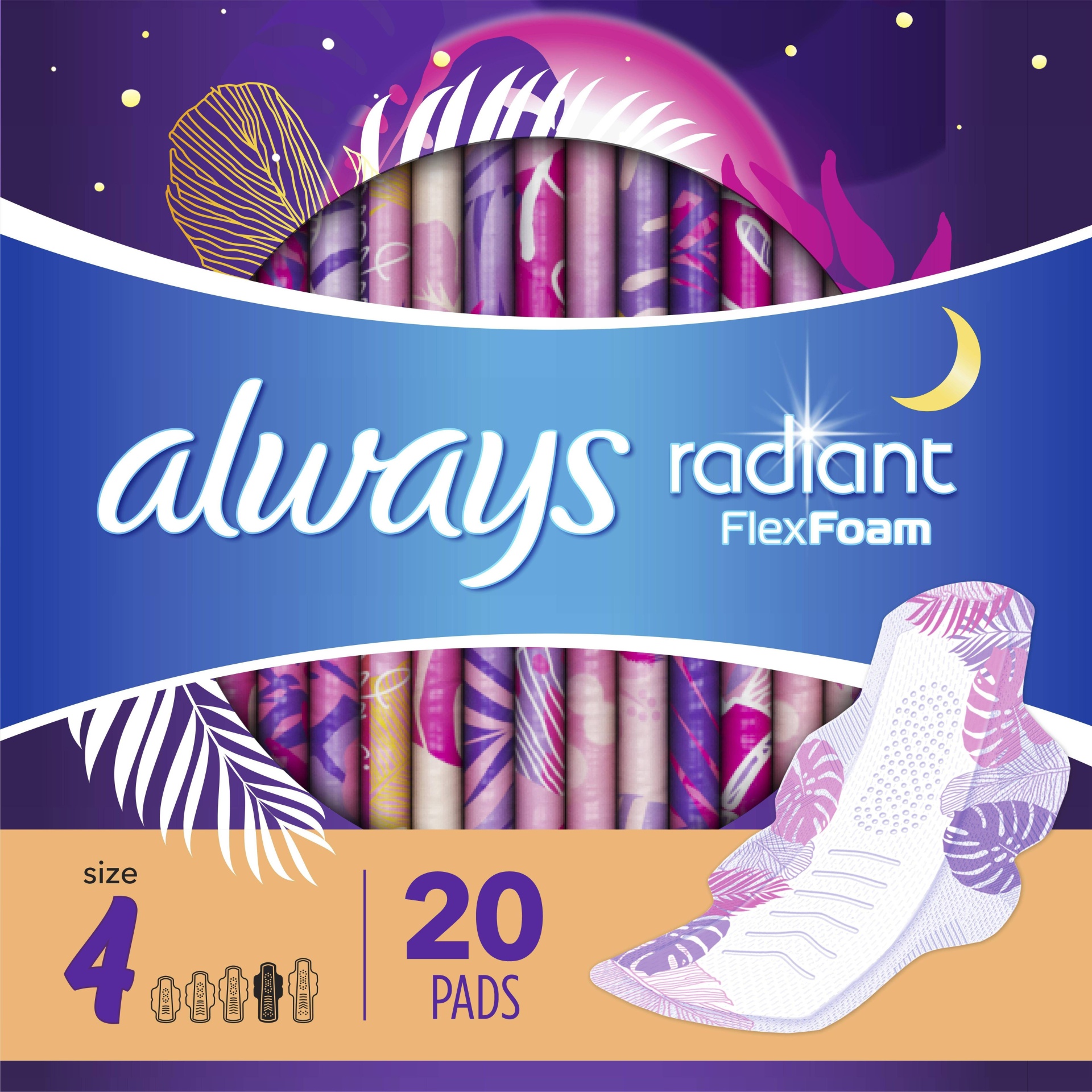 slide 1 of 7, Always Radiant Flexfoam Overnight Absorbency Pads with Wings - Scented - Size 4 - 20ct, 4 x 20 ct