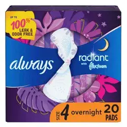 Always Radiant Overnight Sanitary Pads with Wings - Scented - Size 4 - 20ct