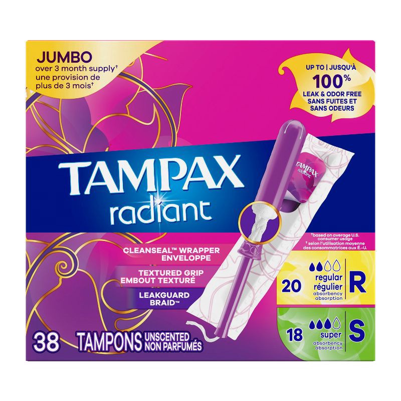 slide 2 of 10, Tampax Radiant Duopack Regular/Super Absorbency Unscented Plastic Tampons - 38ct, 38 ct