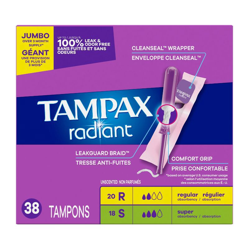 slide 14 of 15, Tampax Radiant Duopack Regular/Super Absorbency Unscented Plastic Tampons - 38ct, 38 ct